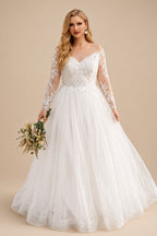 Rutipo Ivory Classy Ball-Gown Illusion Neck Long Sleeves Lace/Tulle Wedding Dresses