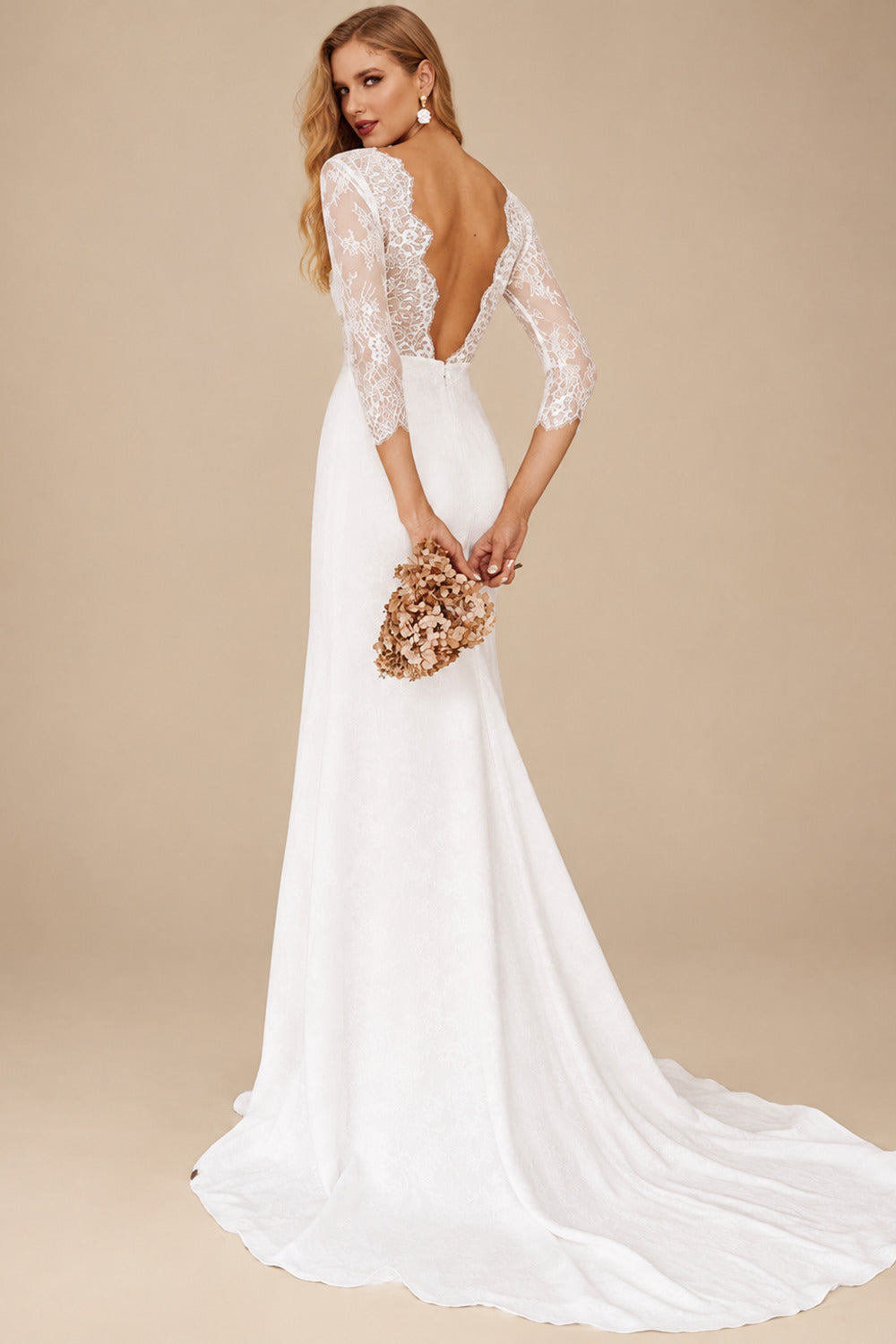 Rutipo Ivory Free-Spirited Plunge Neck Lace Wedding Dresses With Split Front