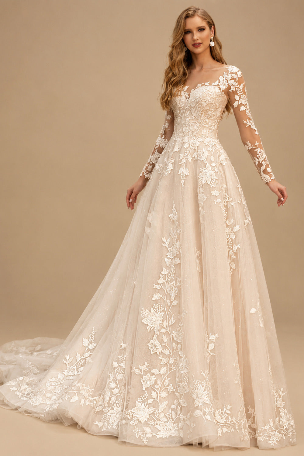 Rutipo As Picture Sparkle A-Line V-Neck Long Sleeves Sweep Train Lace/Tulle Wedding Dresses
