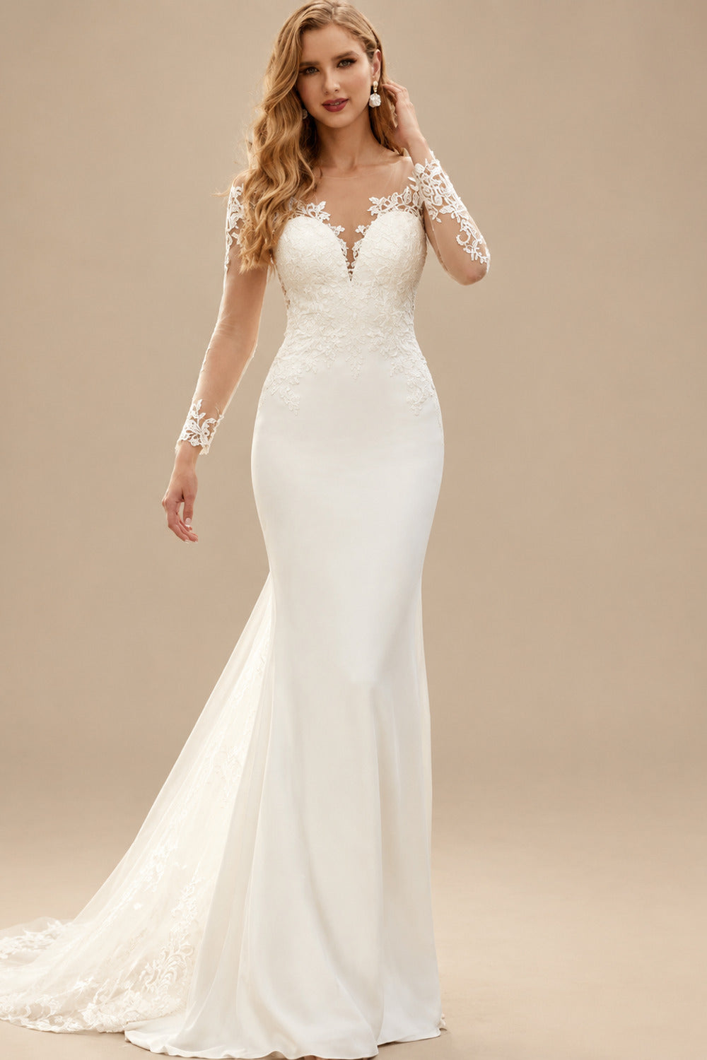 Rutipo Ivory Elegant V-Neck Long Sleeves Detachable /Elastic Satin Wedding Dresses With Appliques Lace