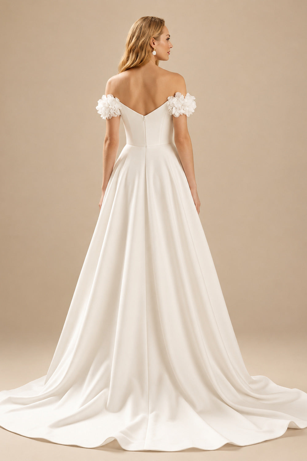 Rutipo Ivory Elegant Flower(s) Off-The-Shoulder Ball-Gown Court Train Matte Satin Wedding Dresses