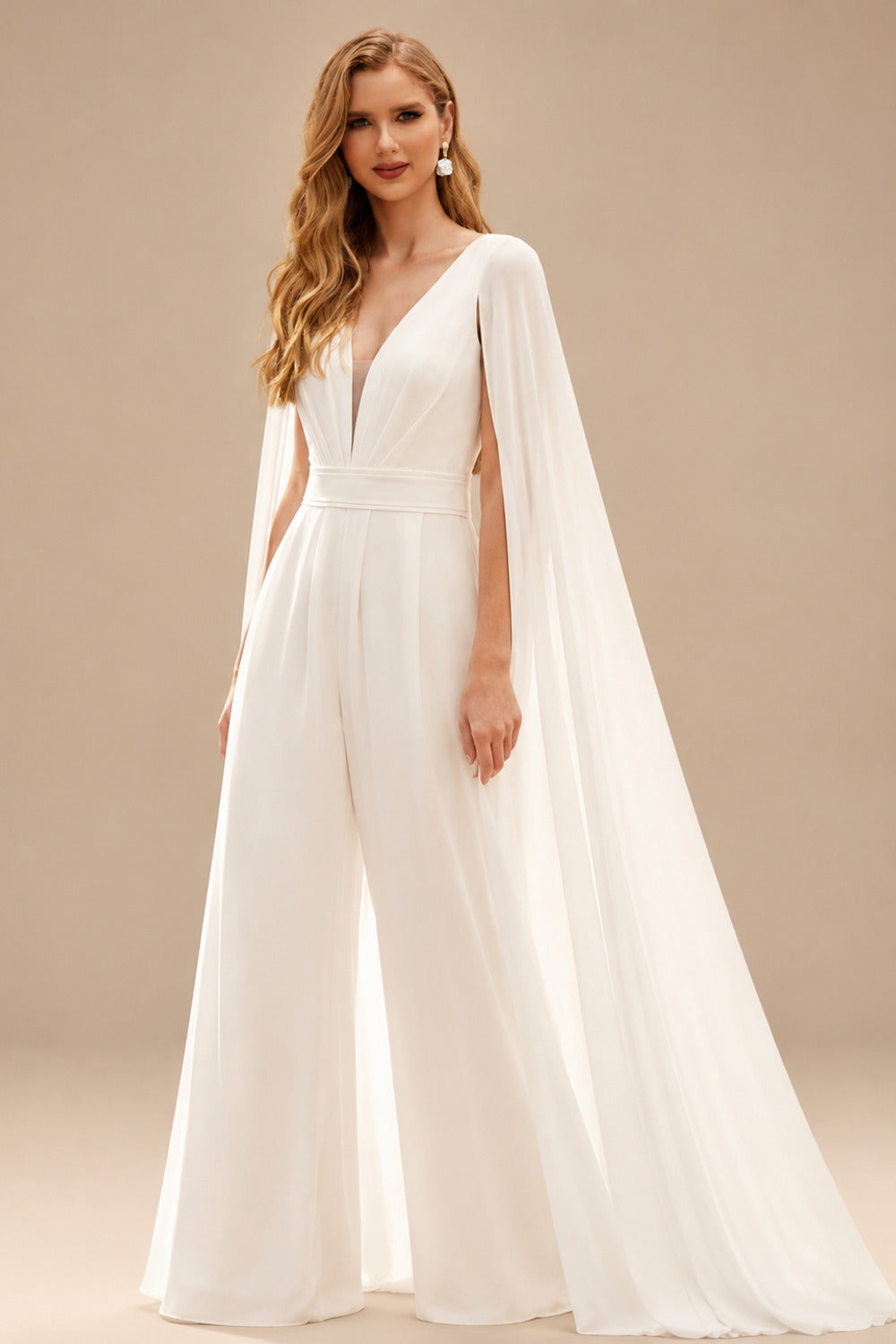 Rutipo Ivory Elegant V-Neck Cape Sleeves Sweep Train Chiffon Wedding Dresses