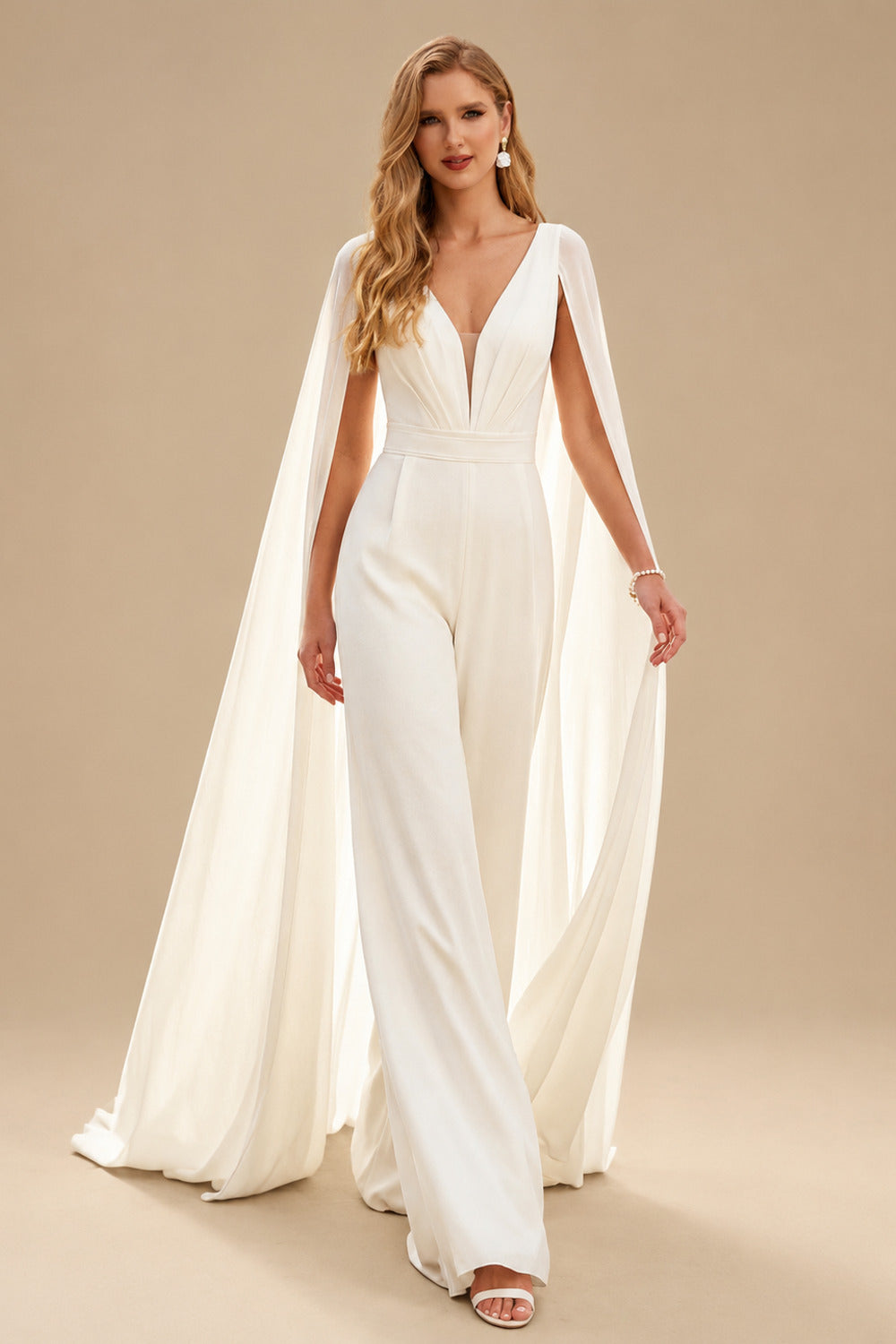 Rutipo Ivory Elegant V-Neck Cape Sleeves Sweep Train Chiffon Wedding Dresses