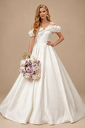 Rutipo Ivory Elegant Flower(s) Off-The-Shoulder Ball-Gown Sweep Train Satin Wedding Dresses