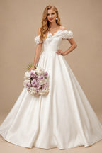 Rutipo Ivory Elegant Flower(s) Off-The-Shoulder Ball-Gown Sweep Train Satin Wedding Dresses