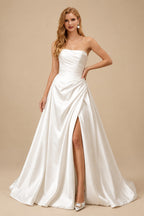 Rutipo White Elegant Ball-Gown Sleeveless Chapel Train Liquid Satin Wedding Dresses With High Split