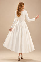 Rutipo Ivory Elegant Scoop Neck Long Sleeves A-Line Tea-Length Matte Satin Wedding Dresses