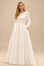Rutipo Ivory Elegant Scoop Neck Long Sleeves A-Line Tea-Length Matte Satin Wedding Dresses