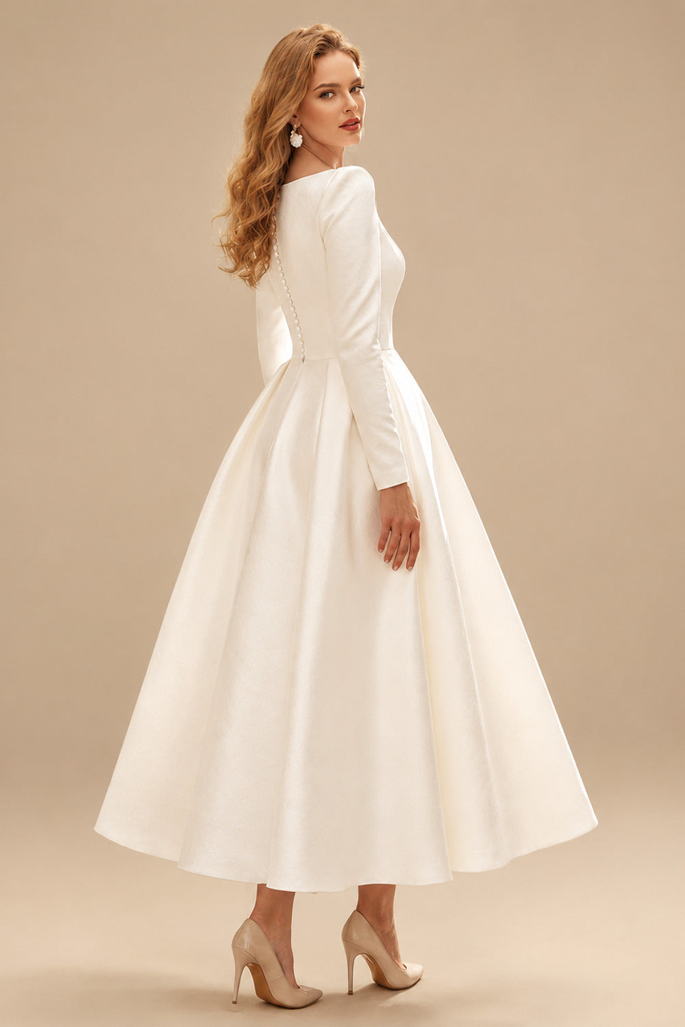 Rutipo Ivory Elegant Scoop Neck Long Sleeves A-Line Tea-Length Matte Satin Wedding Dresses