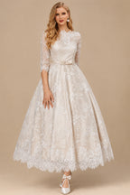 Rutipo As Picture Vintage Inspired Elegant Lace Illusion Neck 3/4 Sleeves Ball-Gown Ankle-Length Wedding Dresses With Bow(s)