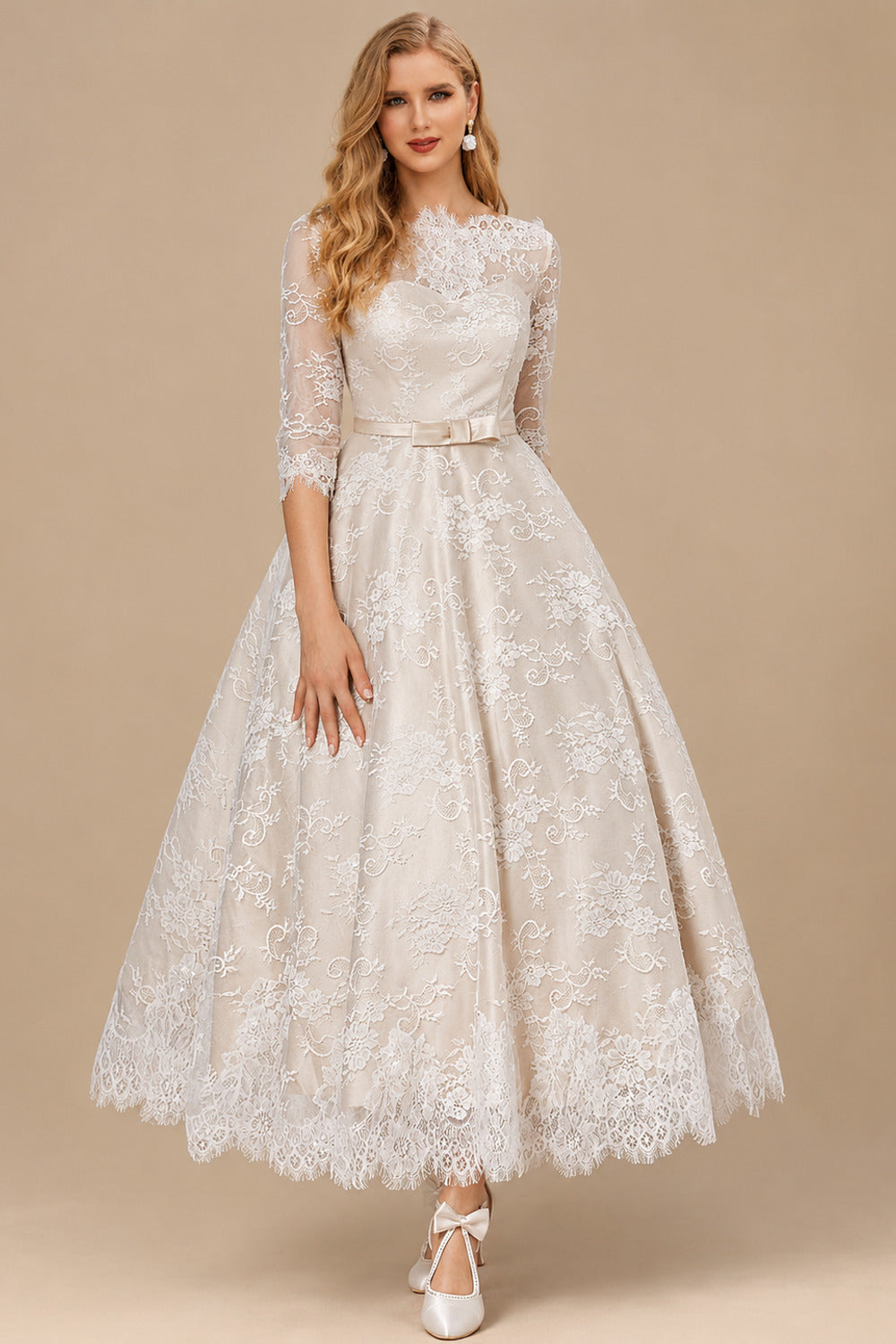 Rutipo As Picture Vintage Inspired Elegant Lace Illusion Neck 3/4 Sleeves Ball-Gown Ankle-Length Wedding Dresses With Bow(s)