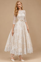 Rutipo As Picture Vintage Inspired Elegant Lace Illusion Neck 3/4 Sleeves Ball-Gown Ankle-Length Wedding Dresses With Bow(s)