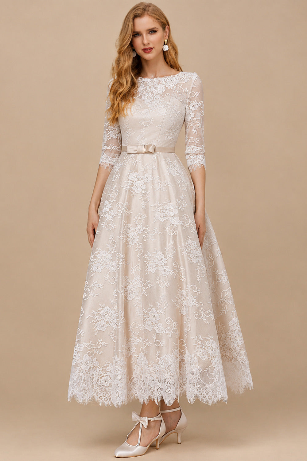 Rutipo As Picture Vintage Inspired Elegant Lace Illusion Neck 3/4 Sleeves Ball-Gown Ankle-Length Wedding Dresses With Bow(s)