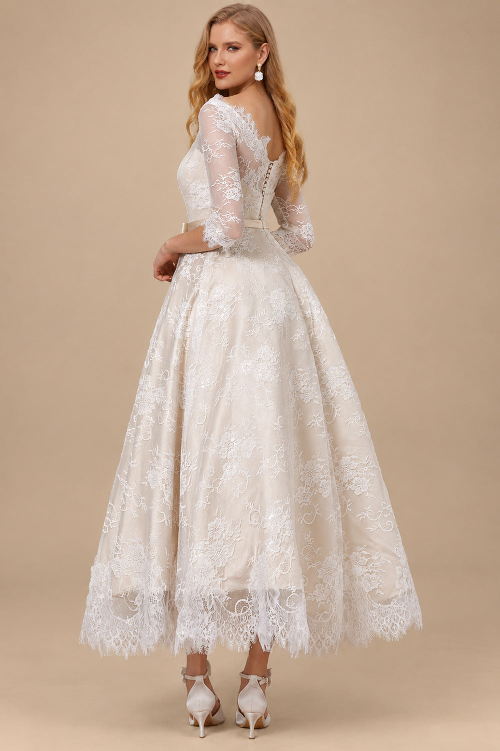 Rutipo As Picture Vintage Inspired Elegant Lace Illusion Neck 3/4 Sleeves Ball-Gown Ankle-Length Wedding Dresses With Bow(s)
