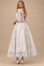 Rutipo As Picture Vintage Inspired Elegant Lace Illusion Neck 3/4 Sleeves Ball-Gown Ankle-Length Wedding Dresses With Bow(s)