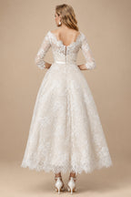 Rutipo As Picture Vintage Inspired Elegant Lace Illusion Neck 3/4 Sleeves Ball-Gown Ankle-Length Wedding Dresses With Bow(s)