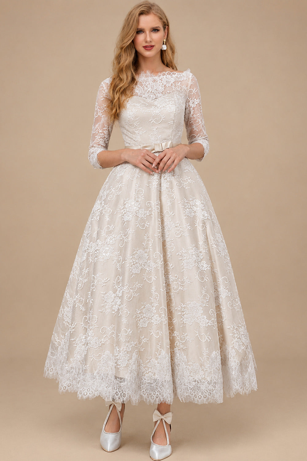 Rutipo As Picture Vintage Inspired Elegant Lace Illusion Neck 3/4 Sleeves Ball-Gown Ankle-Length Wedding Dresses With Bow(s)