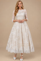 Rutipo As Picture Vintage Inspired Elegant Lace Illusion Neck 3/4 Sleeves Ball-Gown Ankle-Length Wedding Dresses With Bow(s)