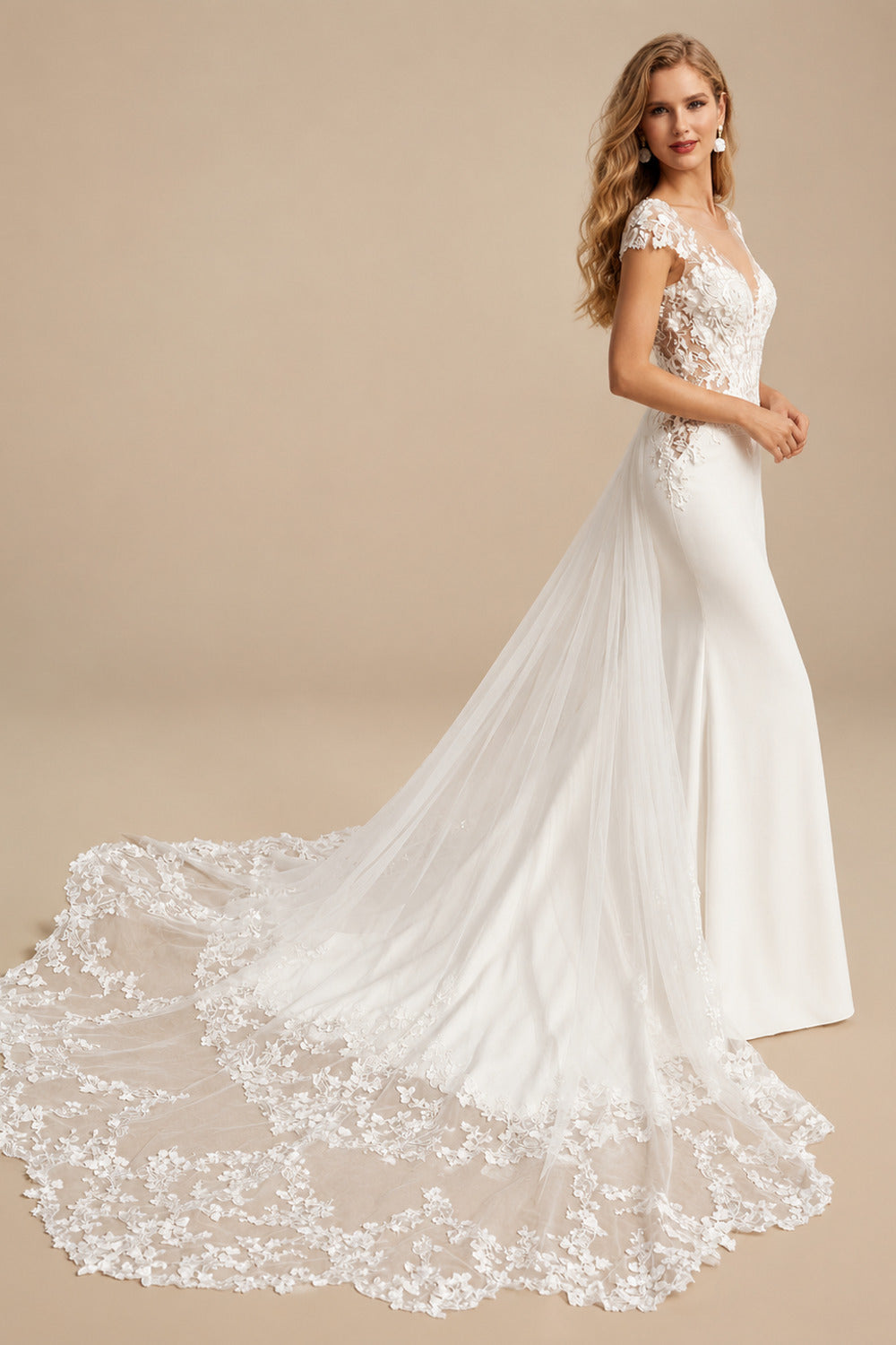 Rutipo Ivory Elegant Lace Illusion Neck Open Back Royal Chiffon/Tulle Wedding Dresses With Flower(s)