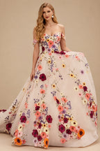 Rutipo As Picture Flower(s) Appliques Lace Off-The-Shoulder Sleeveless A-Line Court Train Tulle Wedding Dresses