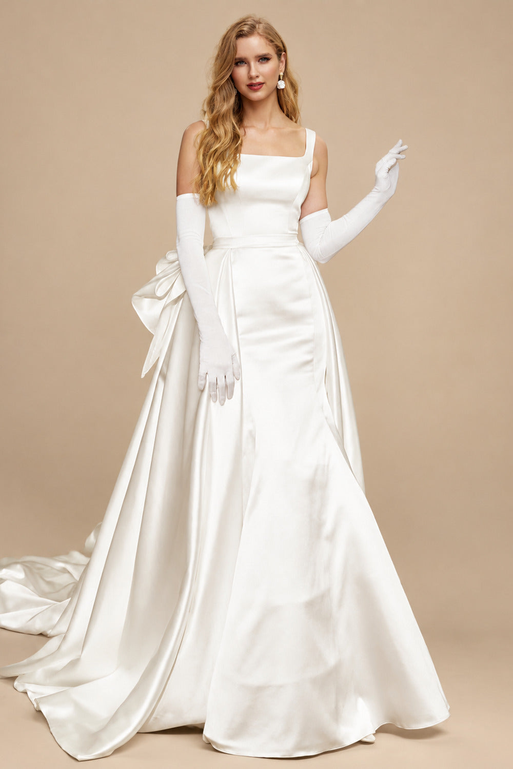 Rutipo Ivory Classy Square Neckline Mermaid Bow(s) Detachable Overskirt Matte Satin Wedding Dresses