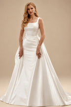 Rutipo Ivory Classy Square Neckline Mermaid Bow(s) Detachable Overskirt Matte Satin Wedding Dresses