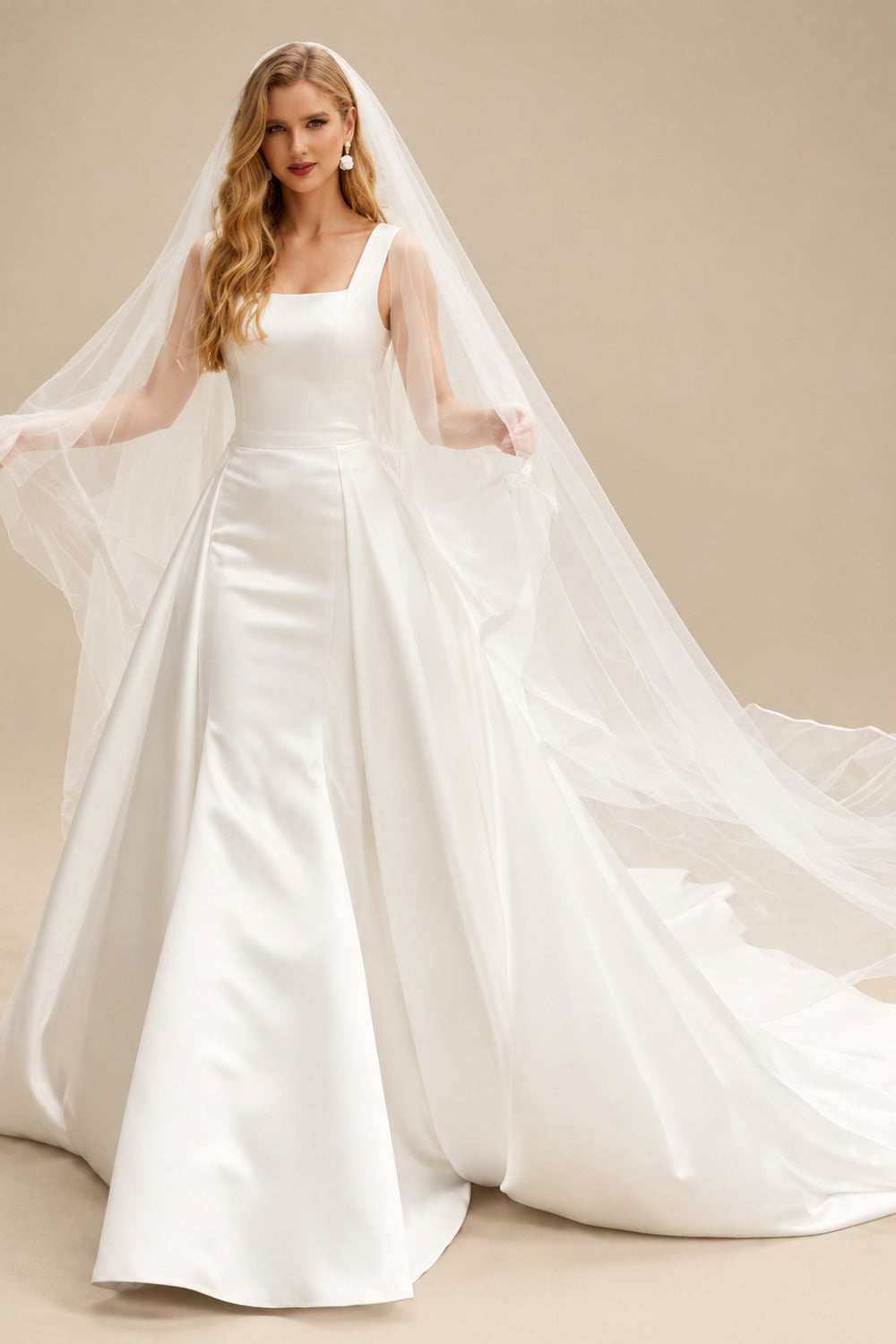 Rutipo Ivory Classy Square Neckline Mermaid Bow(s) Detachable Overskirt Matte Satin Wedding Dresses
