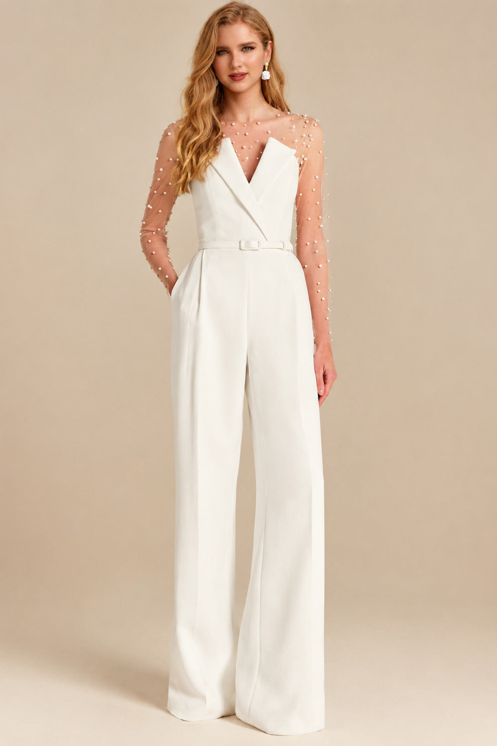 Rutipo Ivory Beading Illusion Neck Long Sleeves Floor-Length Elastic Satin Wedding Jumpsuit