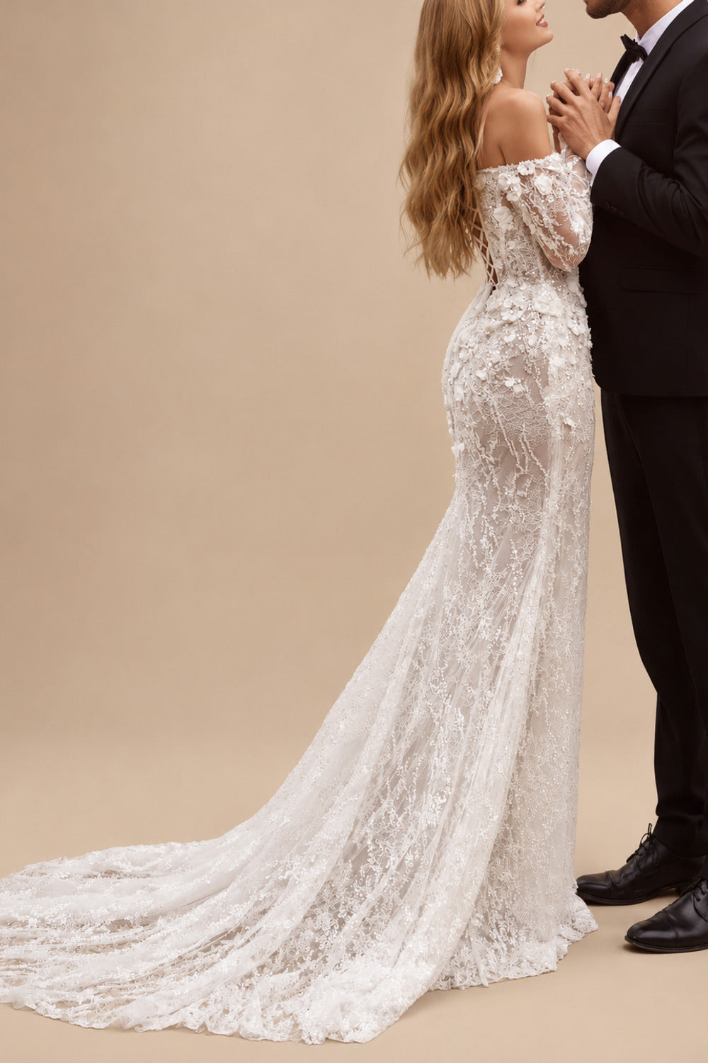 Rutipo As Picture Sparkle & Shine Flower(s) Off-The-Shoulder Long Sleeves Mermaid Sweep Train Lace/Sequined Wedding Dresses