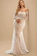 Rutipo As Picture Sparkle & Shine Flower(s) Off-The-Shoulder Long Sleeves Mermaid Sweep Train Lace/Sequined Wedding Dresses