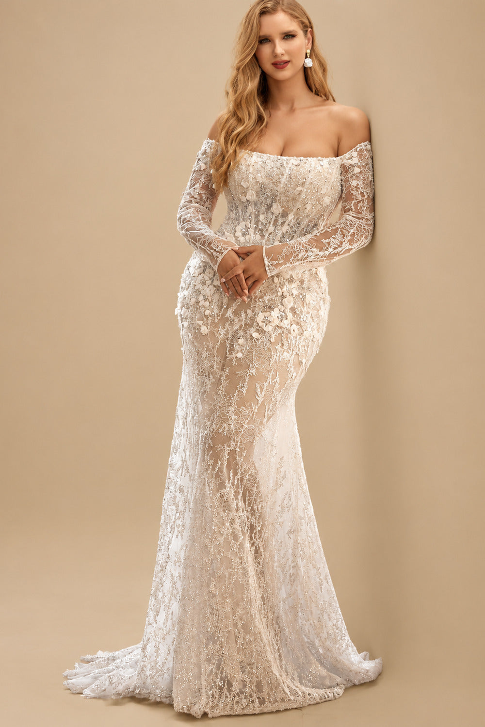Rutipo As Picture Sparkle & Shine Flower(s) Off-The-Shoulder Long Sleeves Mermaid Sweep Train Lace/Sequined Wedding Dresses