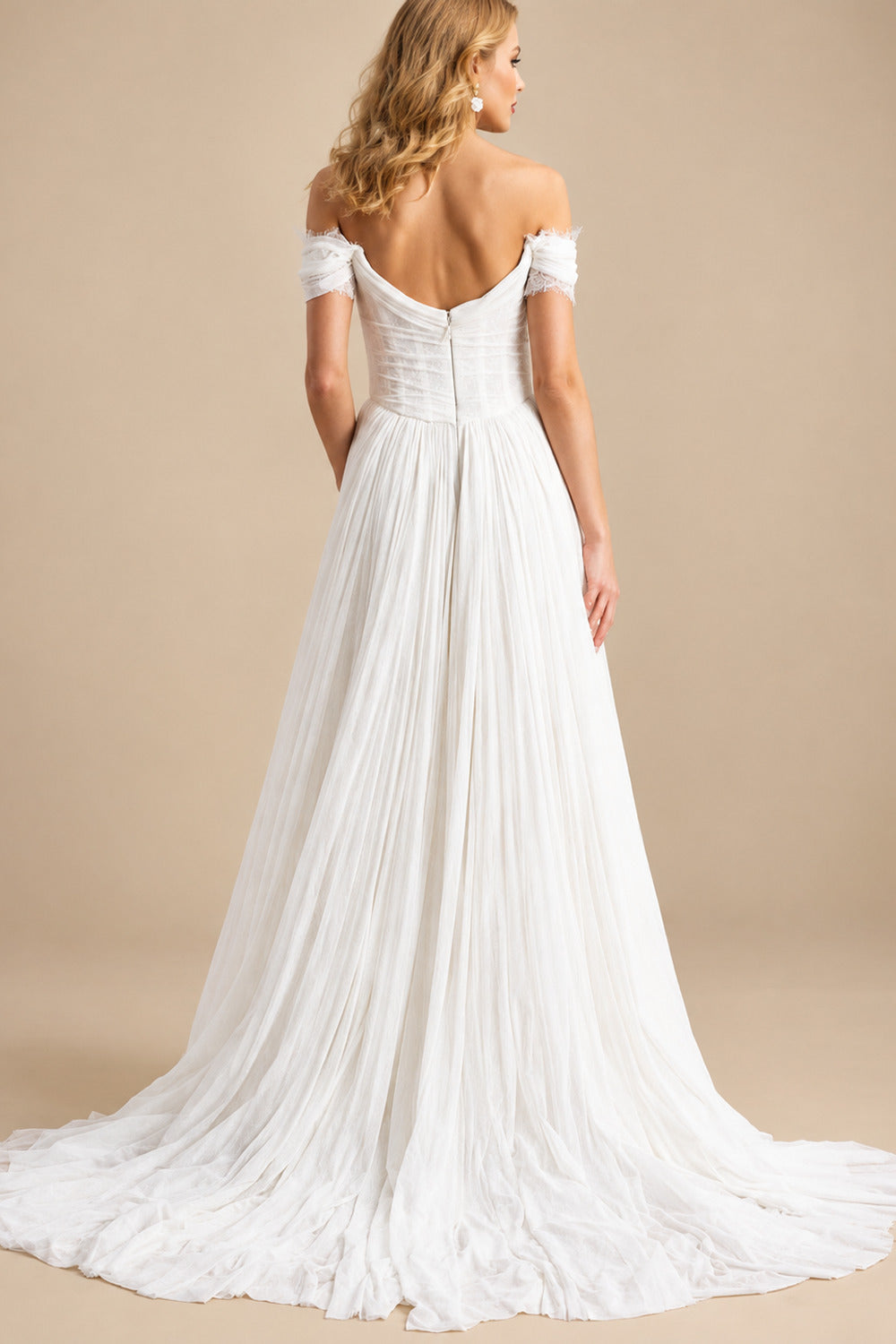 Rutipo Ivory Elegant Off-The-Shoulder Sleeveless A-Line Sweep Train Tulle Wedding Dresses With Lace