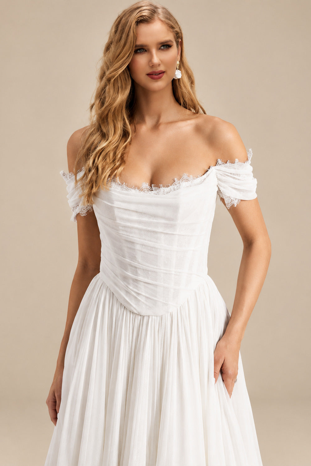 Rutipo Ivory Elegant Off-The-Shoulder Sleeveless A-Line Sweep Train Tulle Wedding Dresses With Lace