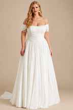 Rutipo Ivory Elegant Off-The-Shoulder Sleeveless A-Line Sweep Train Tulle Wedding Dresses With Lace