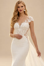 Rutipo Ivory Trumpet Mermaid Illusion Neck Sleeveless Royal Lace Tulle Elastic Satin Wedding Dresses With Flower(s)
