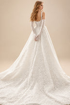 Rutipo Ivory Elegant Square Neckline Sleeveless A-Line Court Train Lace Wedding Dresses With Pockets