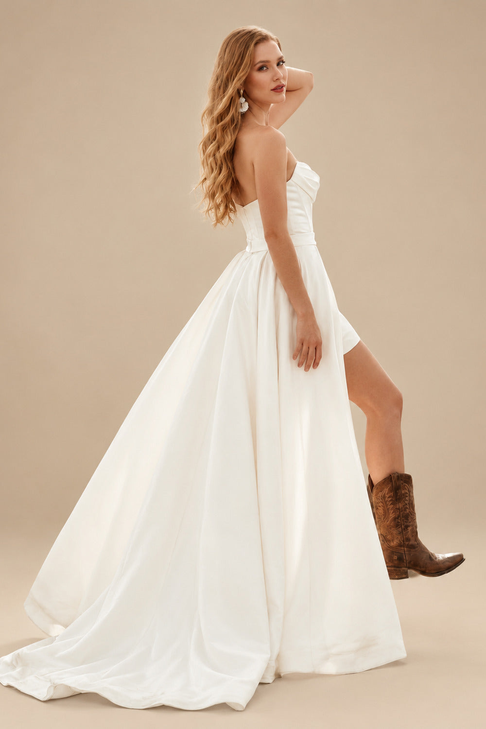 Rutipo Ivory Elegant Cowl Neck Sleeveless Short/Mini/Overskirt Detachable Train Matte Satin Wedding Dresses