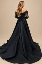 Rutipo Black Elegant Off-The-Shoulder Long Sleeves A-Line Sweep Train Satin/Lace Wedding Dresses With High Split