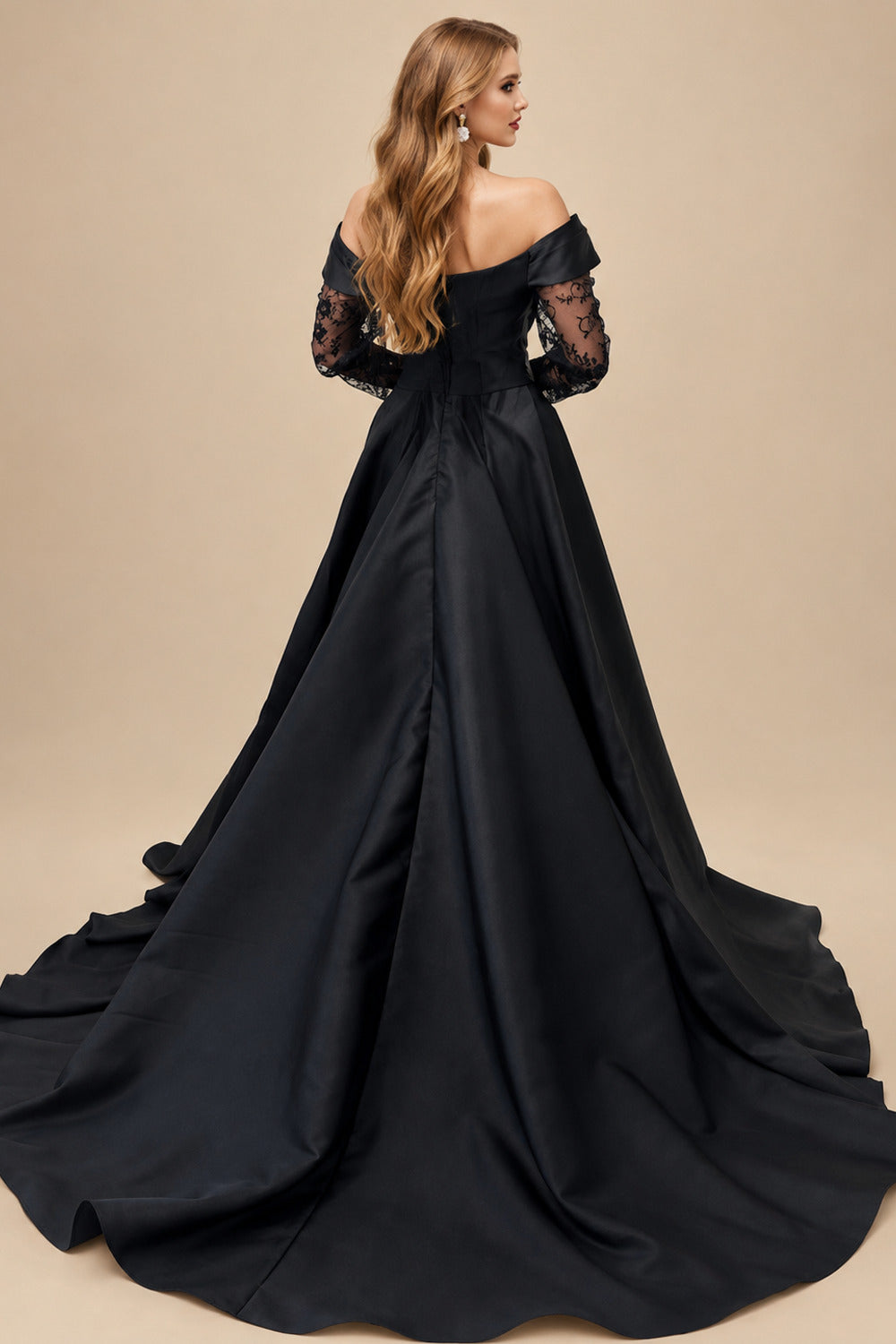 Rutipo Black Elegant Off-The-Shoulder Long Sleeves A-Line Sweep Train Satin/Lace Wedding Dresses With High Split