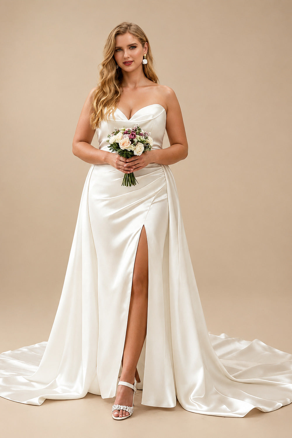 Rutipo Ivory Trumpet/Mermaid Strapless Sleeveless Sweep Train Matte Satin Wedding Dresses With High Split
