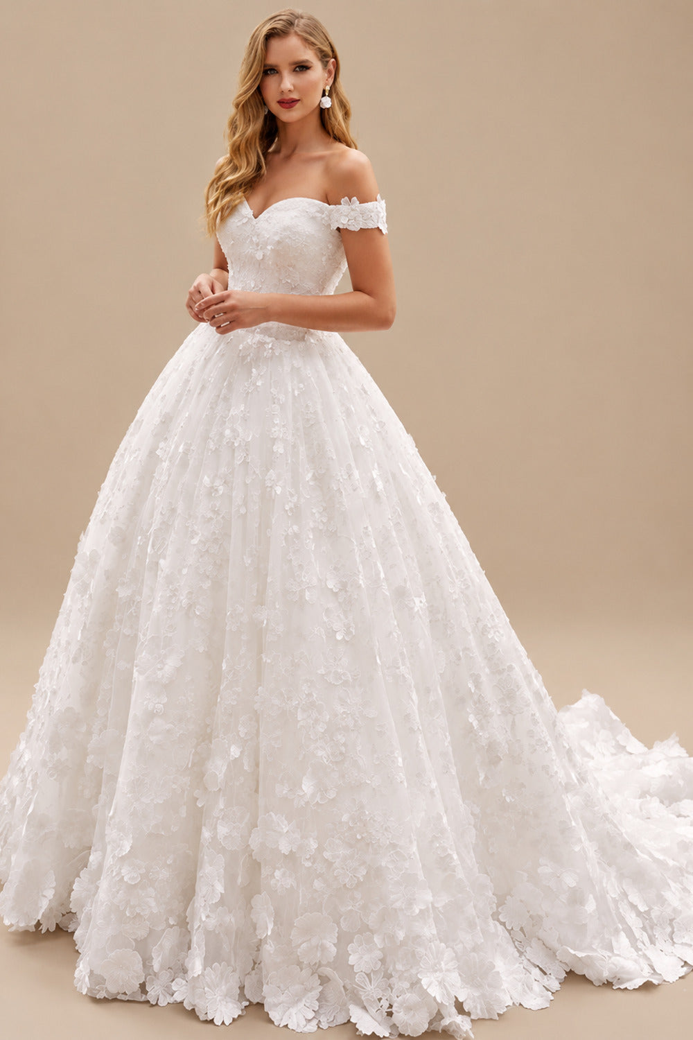 Rutipo White A-Line Off-The-Shoulder Sleeveless Court Train Wedding Dresses With Flower(s)