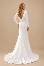 Rutipo White Trumpet/Mermaid Long Sleeves Sweep Train Elastic Satin Wedding Dresses With High Split