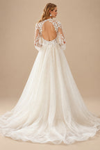 Rutipo Ivory A-Line High Neck Long Sleeves Sweep Train Wedding Dresses With Appliques Lace