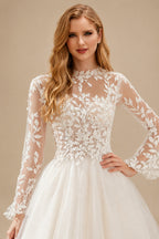 Rutipo Ivory A-Line High Neck Long Sleeves Sweep Train Wedding Dresses With Appliques Lace
