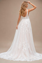 Rutipo As Picture Elegant V-Neck Regular Straps A-Line Sweep Train Lace/Tulle Wedding Dresses