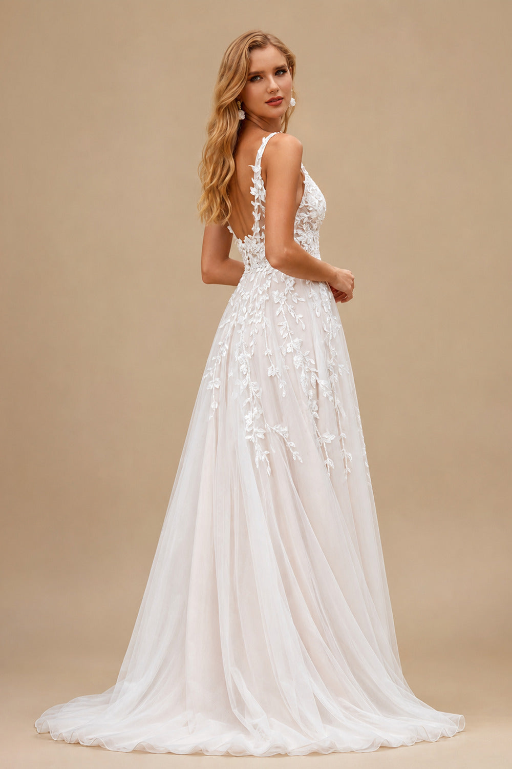 Rutipo As Picture Elegant V-Neck Regular Straps A-Line Sweep Train Lace/Tulle Wedding Dresses