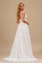 Rutipo As Picture Elegant V-Neck Regular Straps A-Line Sweep Train Lace/Tulle Wedding Dresses
