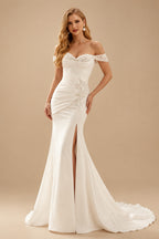 Rutipo Ivory Elegant Off-The-Shoulder/Sweetheart Mermaid Sweep Train Matte Satin Wedding Dresses With Beading/High Split