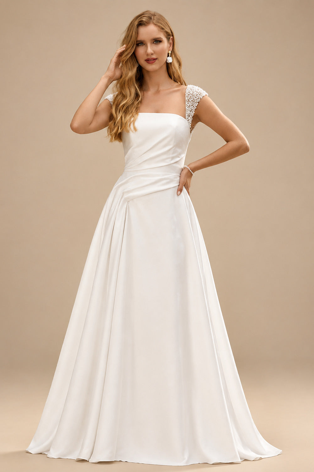Rutipo White A-Line Square Neckline Short Sleeves Court Train Matte Satin Wedding Dresses With Ruffle Beading