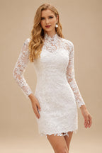 Rutipo White A-Line Sweetheart Illusion Neck Long Sleeves Short Mini Elastic Satin Wedding Dresses With Appliques Lace